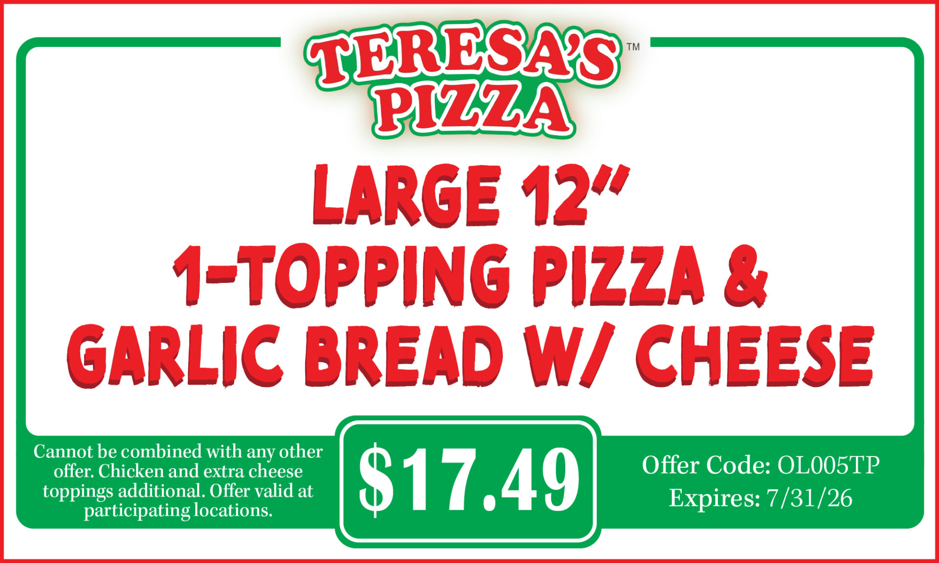 Large 12” 1-Topping Pizza & Garlic Bread w/ Cheese