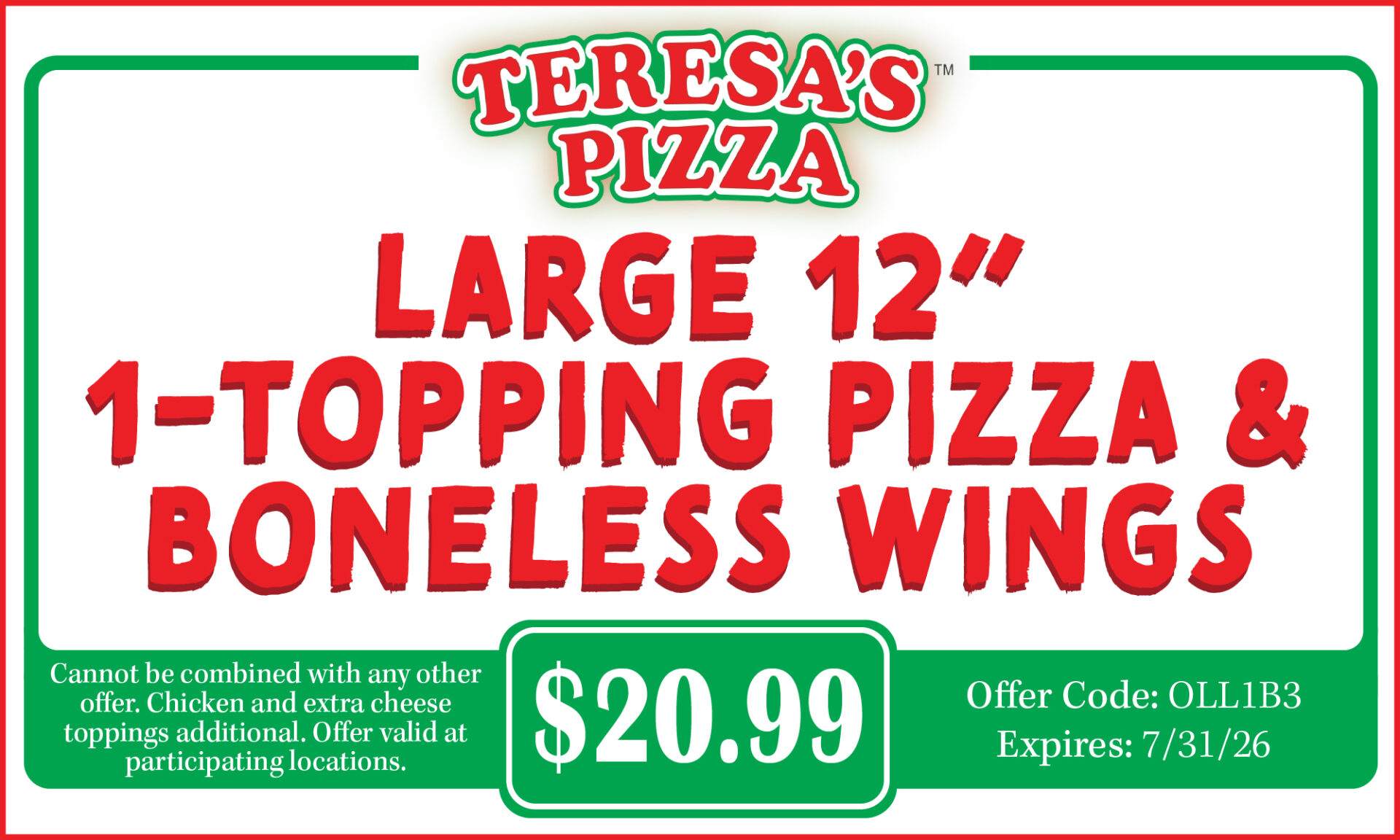 Large 12” 1-Topping Pizza & Boneless Wings