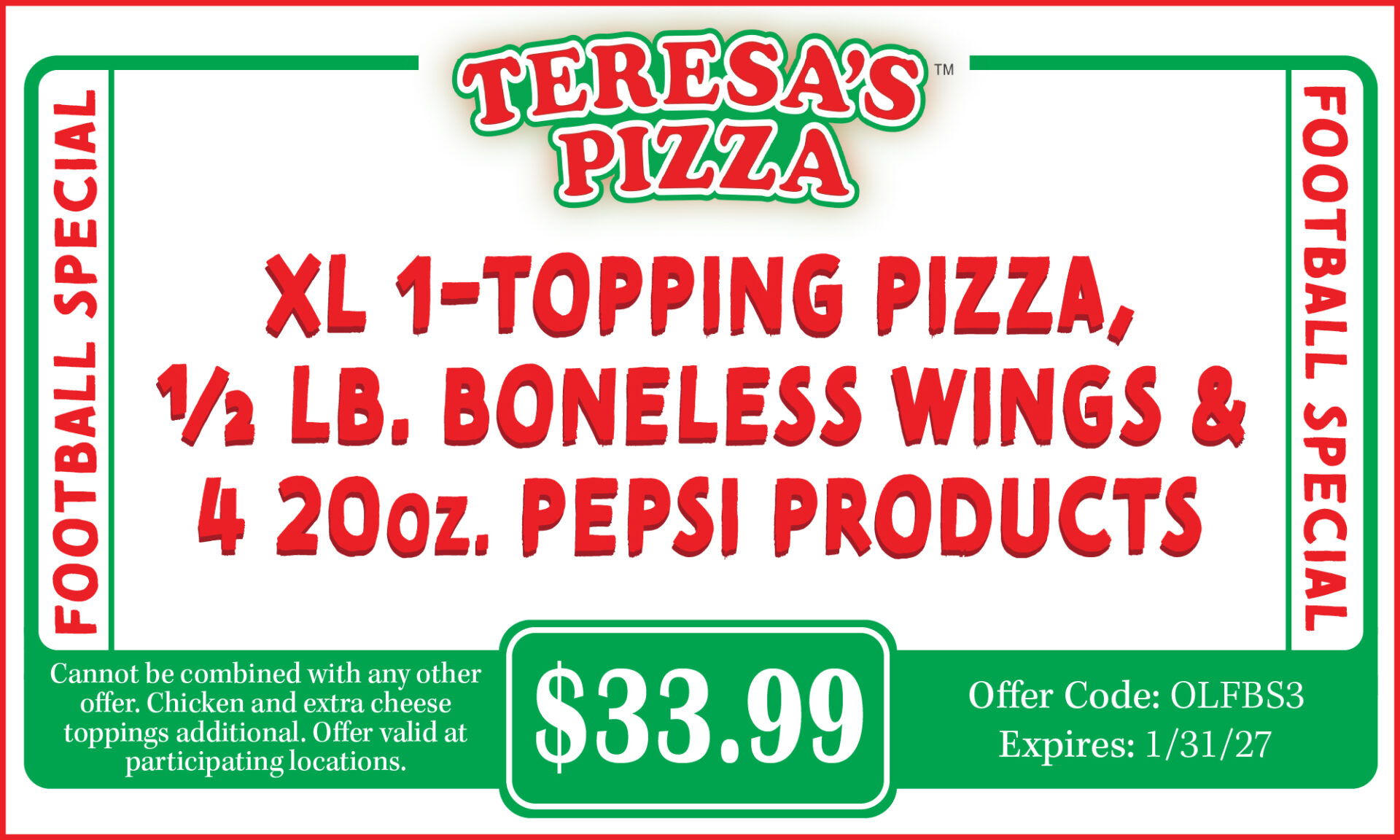 XL 1-Topping, 1/2lb. Boneless Wings & 4 Pack Pepsi